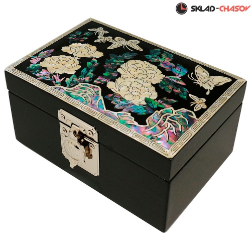 Шкатулка "Пионы" черная 140x95x70мм фото